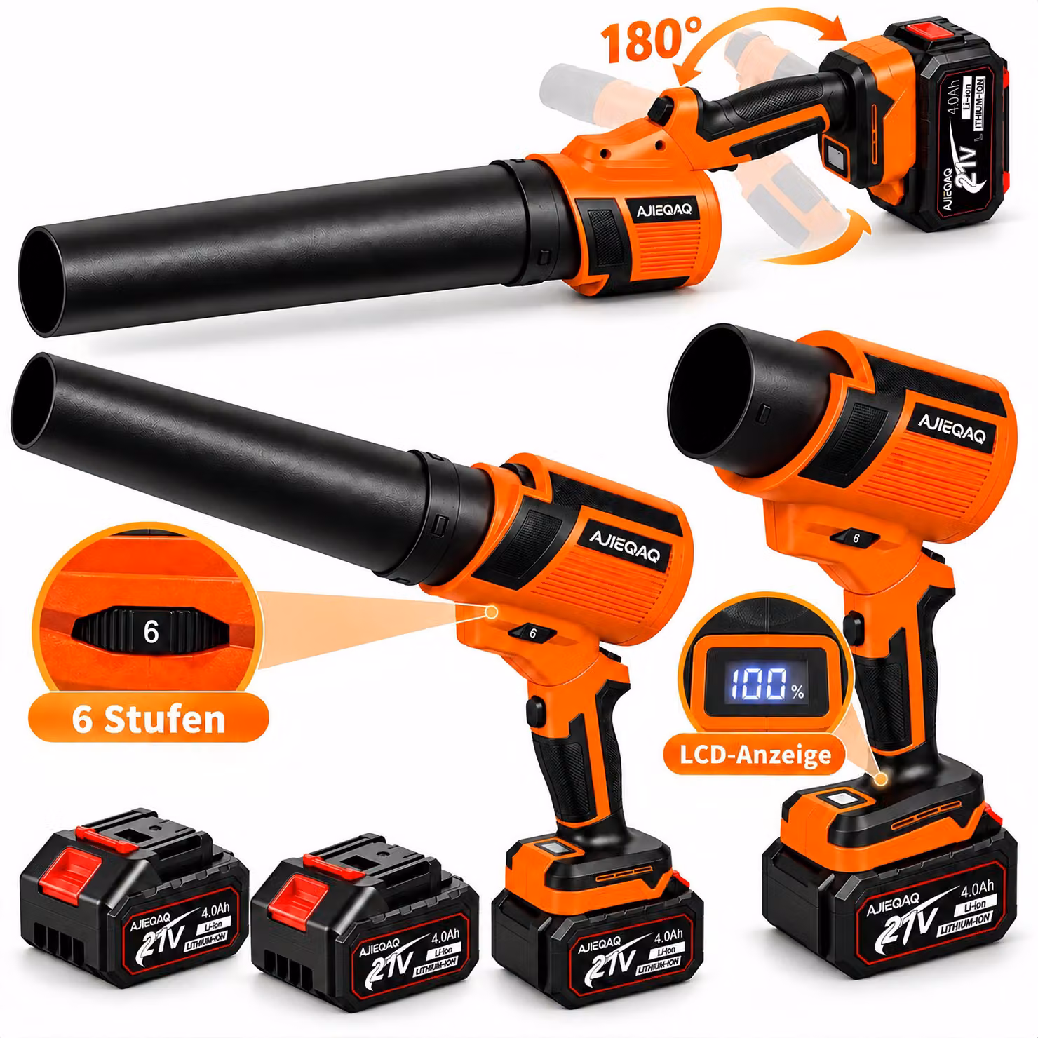 Soffiatore a Batteria 1500W 21V, Brushless, 50 m/s, 6 Velocità + Turbo, 2×4,0Ah, Impugnatura Girevole 180°, per Giardino, Auto & Asciugatura Capelli
