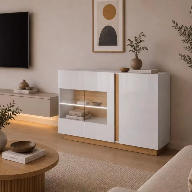 Madia Haka DMORA Credenza Moderna con 3 Ripiani e Illuminazione Integrata Bianco Lucido L: 138 cm, P: 40 cm, H: 91 cm – 1