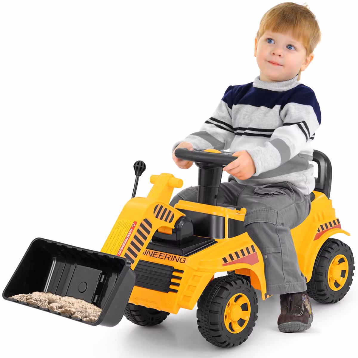 Costway Bulldozer a spinta per bambini con paletta regolabile e suono del motore, Giocattolo escavatore Giallo