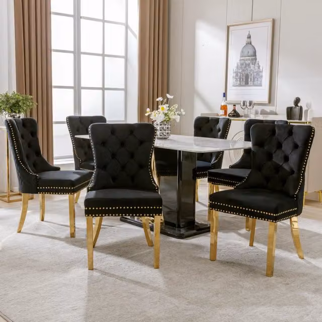 Set di 6 sedie da pranzo OKWISH in velluto nero con dettagli dorati e struttura in metallo stile glamour