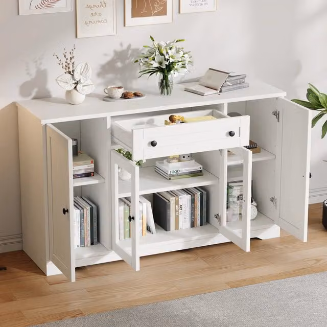 Credenza moderna bianca con 4 ante, 2 ante in vetro e 1 cassetto per soggiorno, ingresso o sala da pranzo, L: 138 cm, P: 40 cm, H: 83 cm