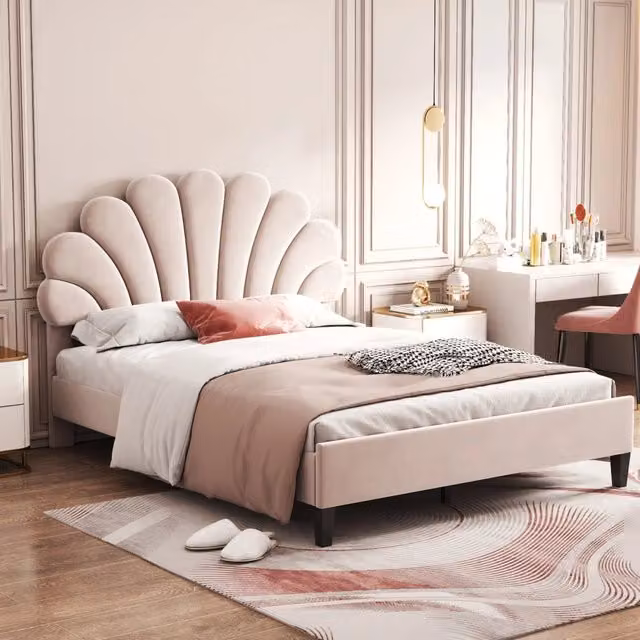 Letto Imbottito Matrimoniale con Testiera ¨C MINIMAL ¨C Velluto Beige 140x200