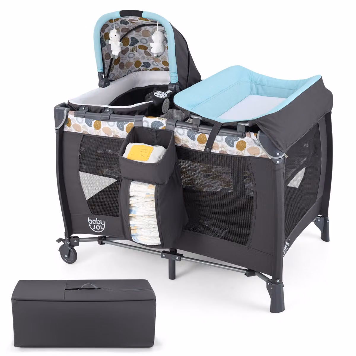 Costway Box portatile per bambini con culla a dondolo e fasciatoio, Lettino pieghevole per neonati e bambini fino a 3 anni, Blu