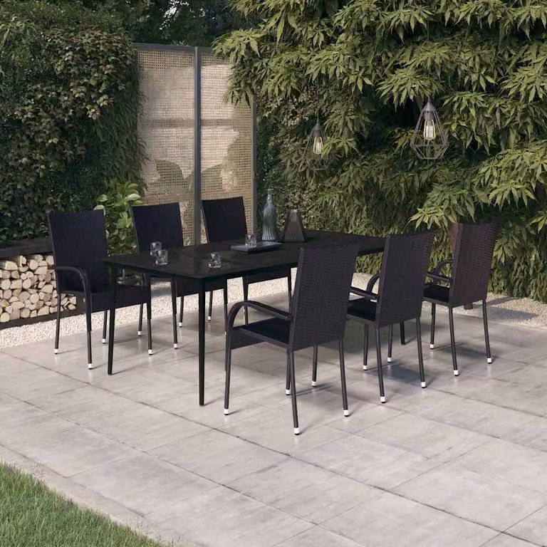 Set da pranzo da giardino vidaXL in polyrattan con tavolo rettangolare in vetro e 7 sedie con cuscini neri
