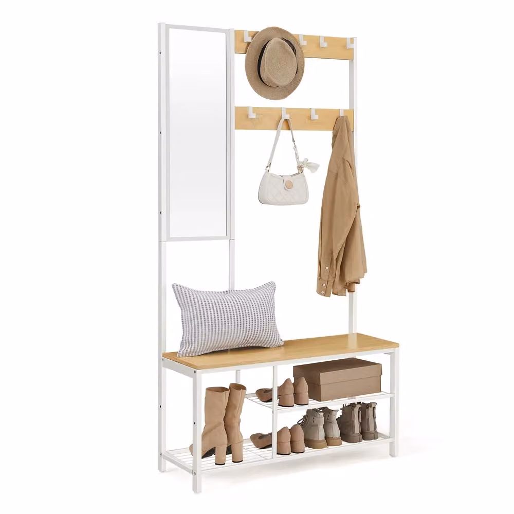 Appendiabiti, Mobile Ingresso con Ganci, Specchio, Panca Scarpiera e Ripiani, Rovere + Bianco