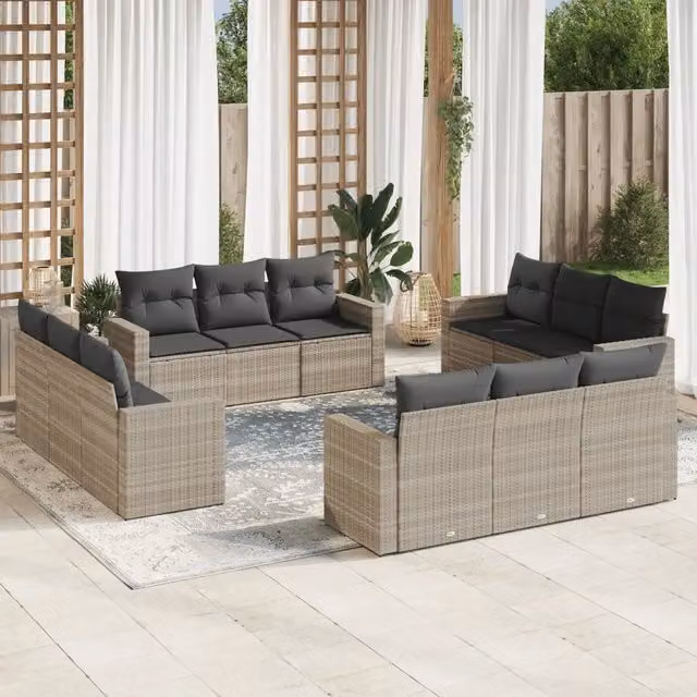 Set Divano da Giardino VIDAXL a Forma a U in Polyrattan Grigio Chiaro con 12 Pezzi e Cuscini Inclusi – 1