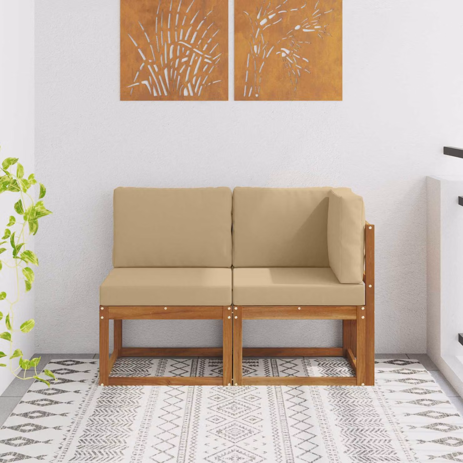 vidaXL Divano da esterno modulare e angolare a 2 pezzi in legno di acacia con cuscini beige e marrone