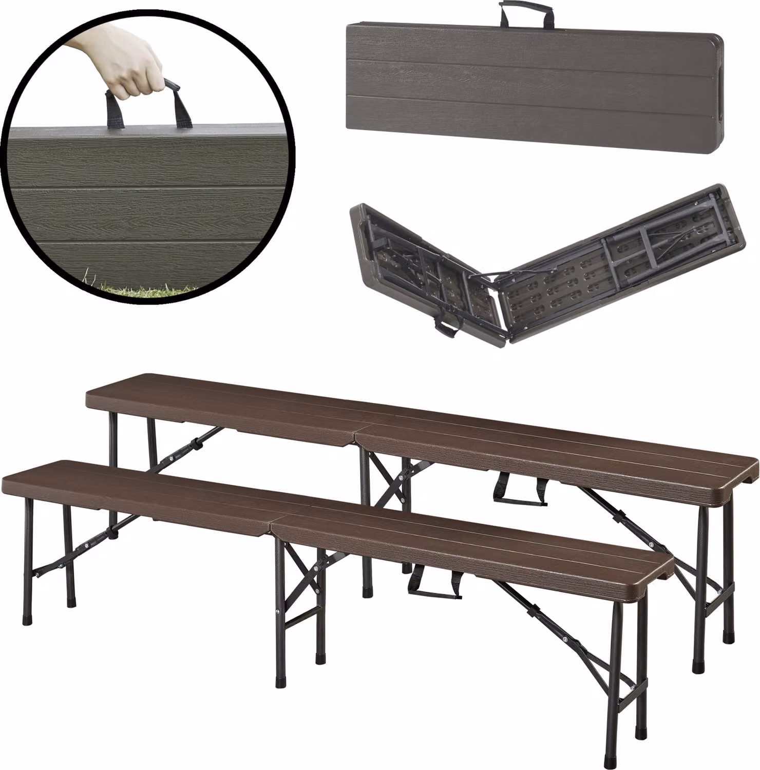 Set di 2 panche pieghevoli Lillestrøm. Struttura in metallo 180 x 25 x 43 cm aspetto legno, marrone scuro