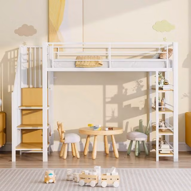 Letto a soppalco 90×200 cm in metallo bianco con scala contenitore; armadietto e ripiani