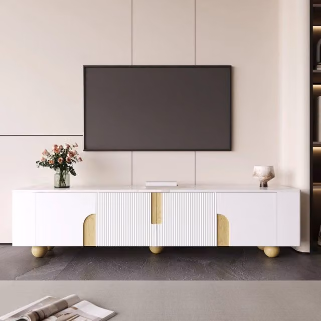 Mobile TV Mivray moderno con 4 ante e cerniere ammortizzate, effetto marmo, bianco e beige, L: 180 cm, P: 40 cm, H: 44 cm