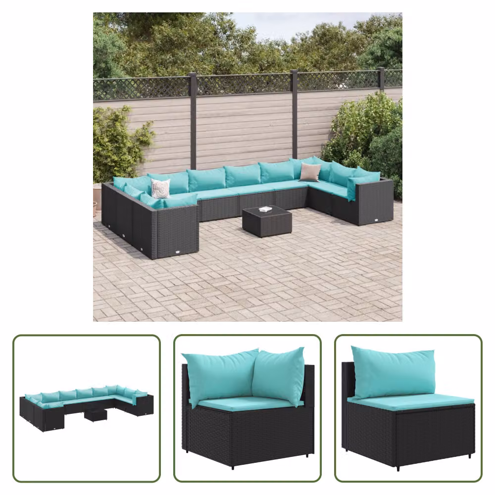 The Living Store Set da salotto da giardino da 11 pezzi con cuscini in rattan polivalente nero