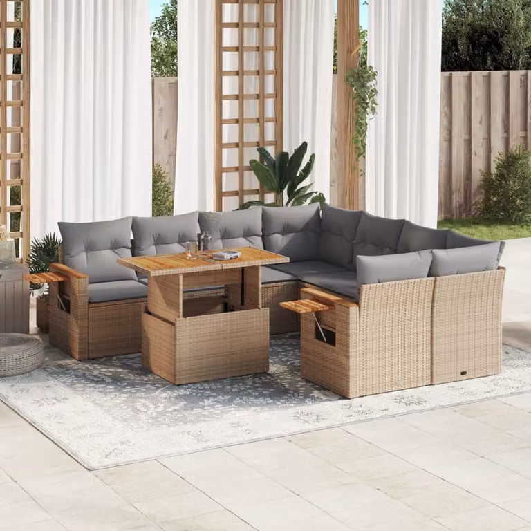 vidaXL Set Divano da Giardino a L 9 pz in Polyrattan con Cuscini Beige e Ottoman
