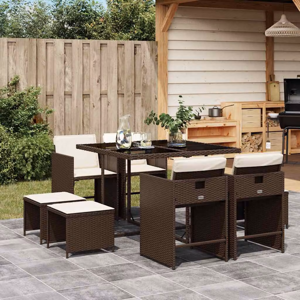 Set da Pranzo da Giardino vidaXL in Polyrattan Marrone con 9 Pezzi e Cuscini – 1