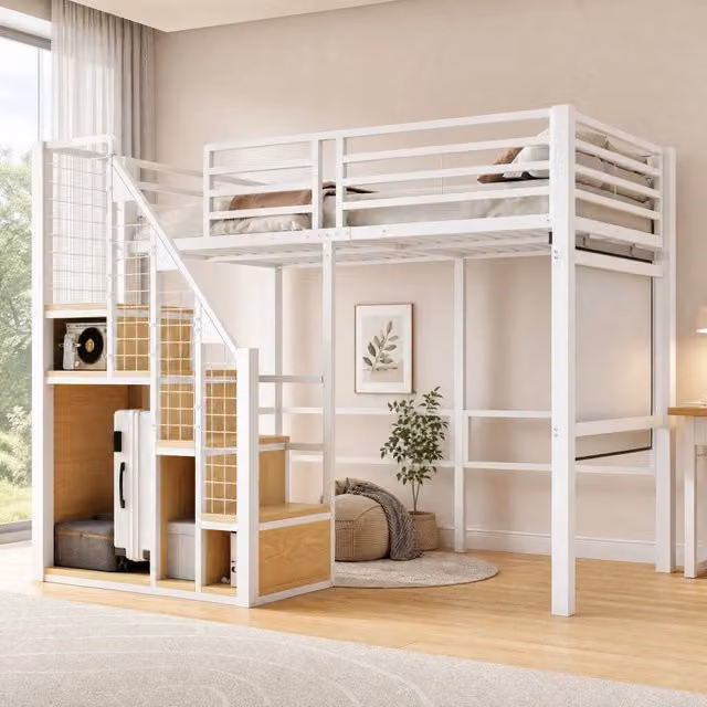 Letto a soppalco singolo moderno in metallo e MDF bianco con contenitore e scale per cameretta bambini L/P/H: 208.5 x 90 x 146.2 cm