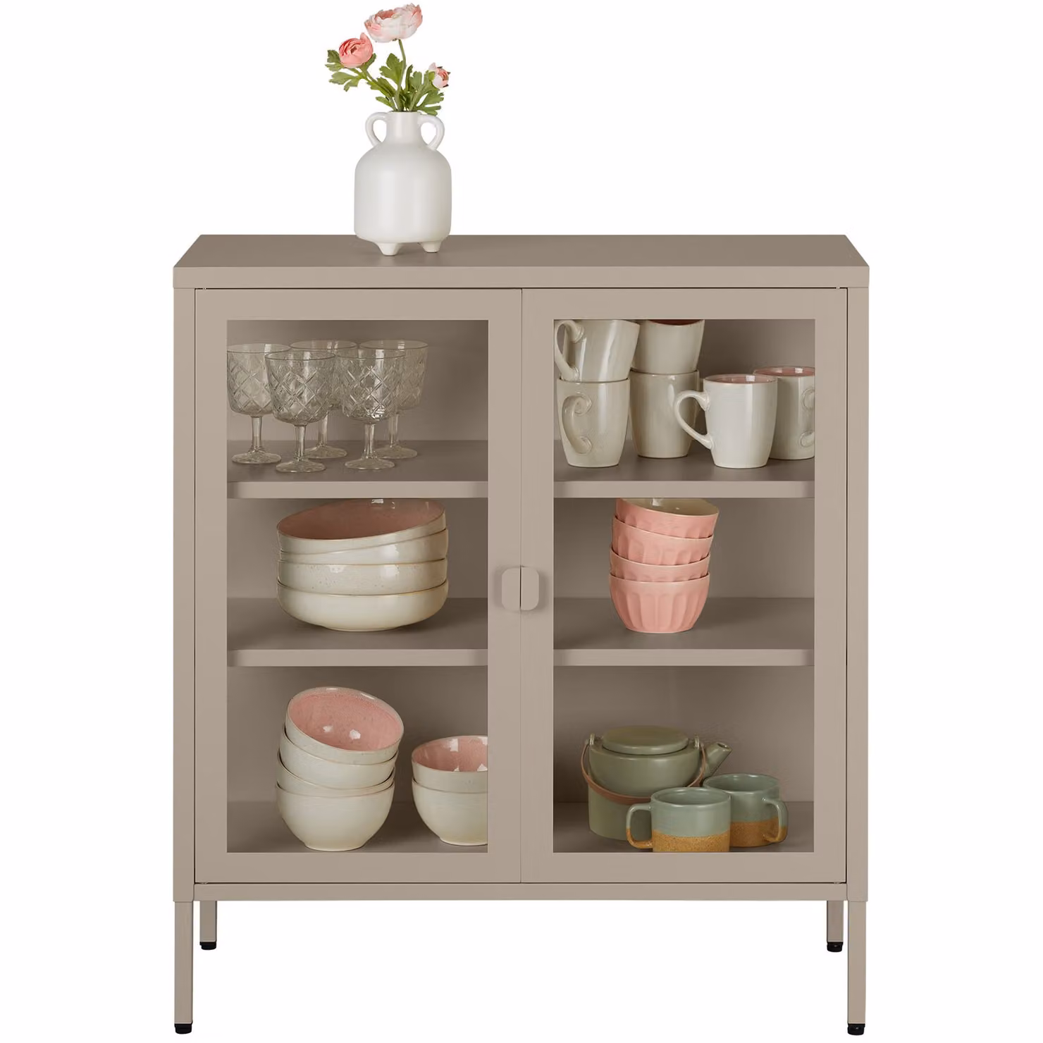 Vetrina moderna tectake in metallo e vetro con ante in vetro, colore beige, L: 80.0 cm, P: 25.0 cm, H: 90.5 cm – 2