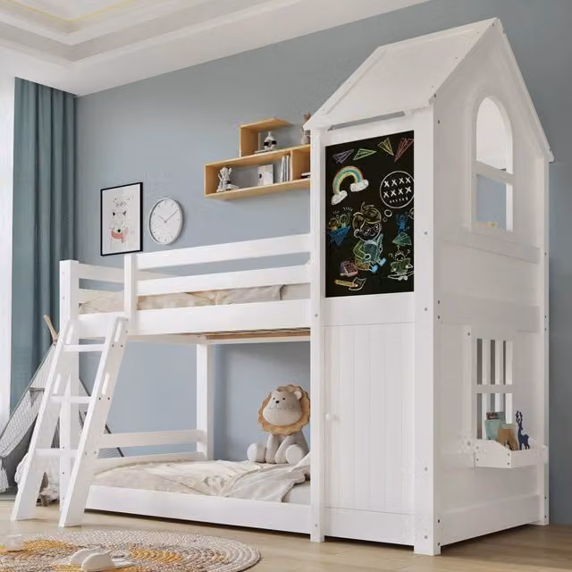 Letto a castello per bambini 90 × 200 cm 2 posti con porta, lavagna, finestre e tetto, senza materasso, bianco