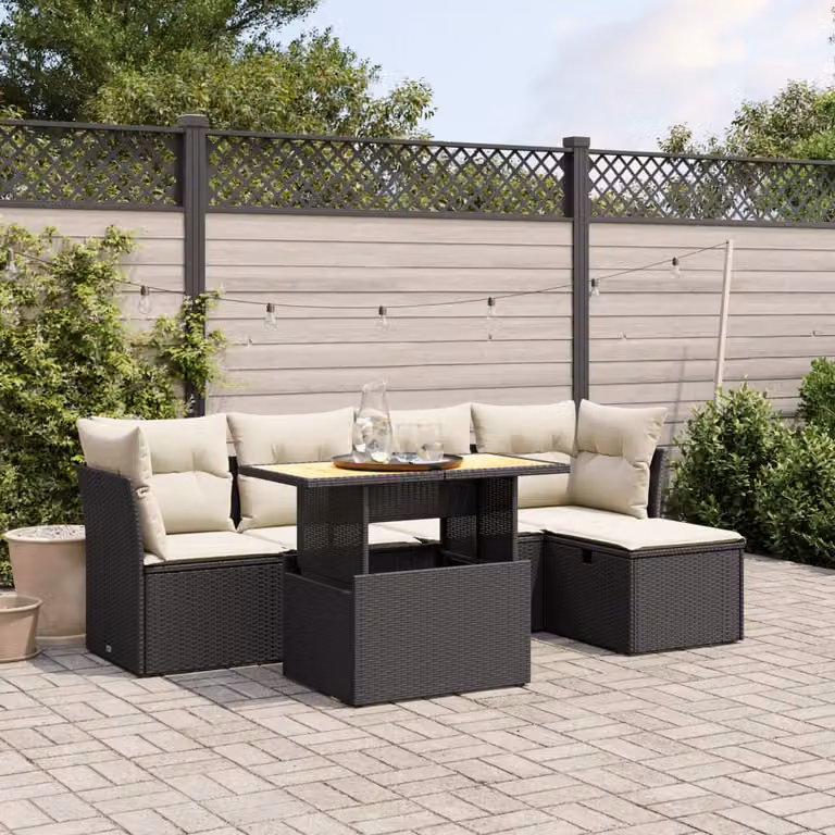 Set Divano da Giardino a L vidaXL 6 pz con Tavolino e Ottoman in Polyrattan e Legno di Acacia Nero e Bianco