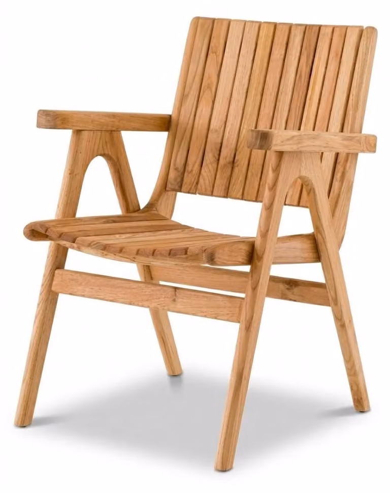 Sedia da giardino moderna in legno, dal design naturale e confortevole, con braccioli, ideale per l'uso all'aperto