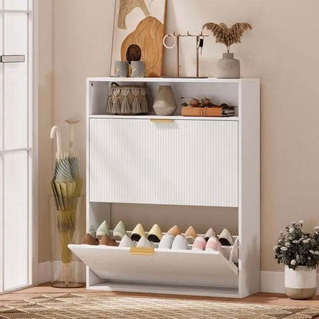 Scarpiera Mivray bianca con 2 vani ribaltabili e ripiano aperto per ingresso L: 80 cm, P: 24 cm, H: 102.5 cm