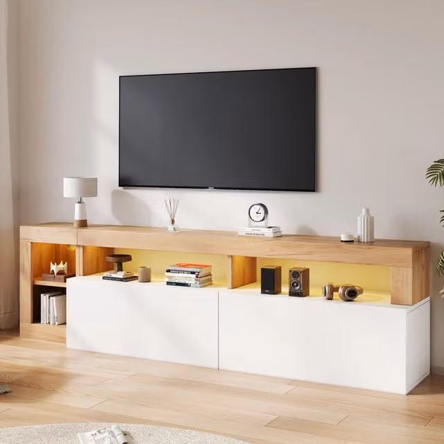 Mobile TV con LED e vani aperti e chiusi in pannello truciolare bianco effetto legno 184 × 42 × 58 cm