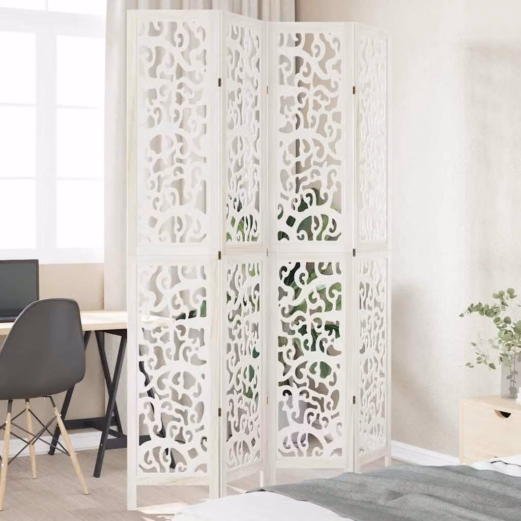 vidaXL Divisorio Ambienti 4 Pannelli in Legno di Paulownia Bianco Moderno con Design Astratto Opaco H: 175 cm, L: 220 cm, P: 4 cm