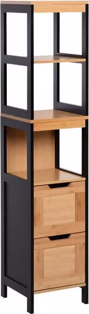 Colonna bagno Kleankin in legno MDF e bambù con 2 cassetti e 3 vani aperti, L/P/H: 30 x 30 x 144.3 cm, Colore marrone e nero – 1