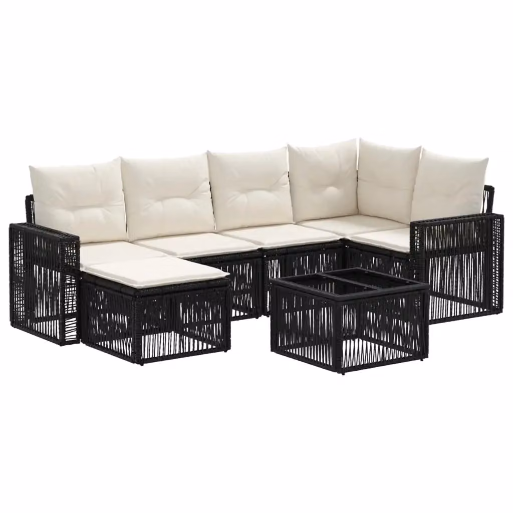 Set da giardino moderno vidaXL composto da 7 pezzi in rattan con struttura in acciaio nero e cuscini bianchi e crema – 2