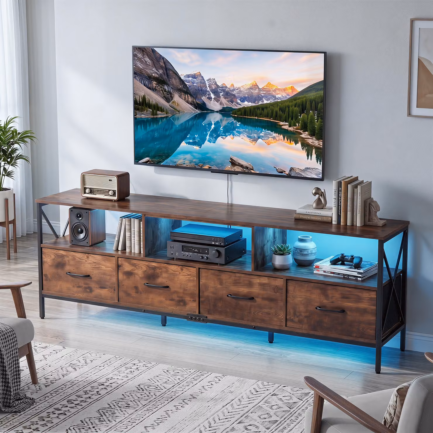 Mobile TV industriale Costway in legno marrone con luci LED dimmerabili e telecomando per soggiorno, adatto a schermi fino a 80 pollici