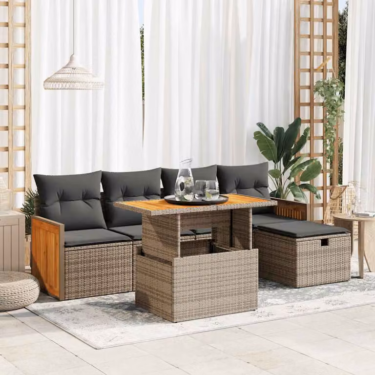 Set Divano da Giardino vidaXL 6 pz in Polyrattan e Legno di Acacia con Cuscini Grigio