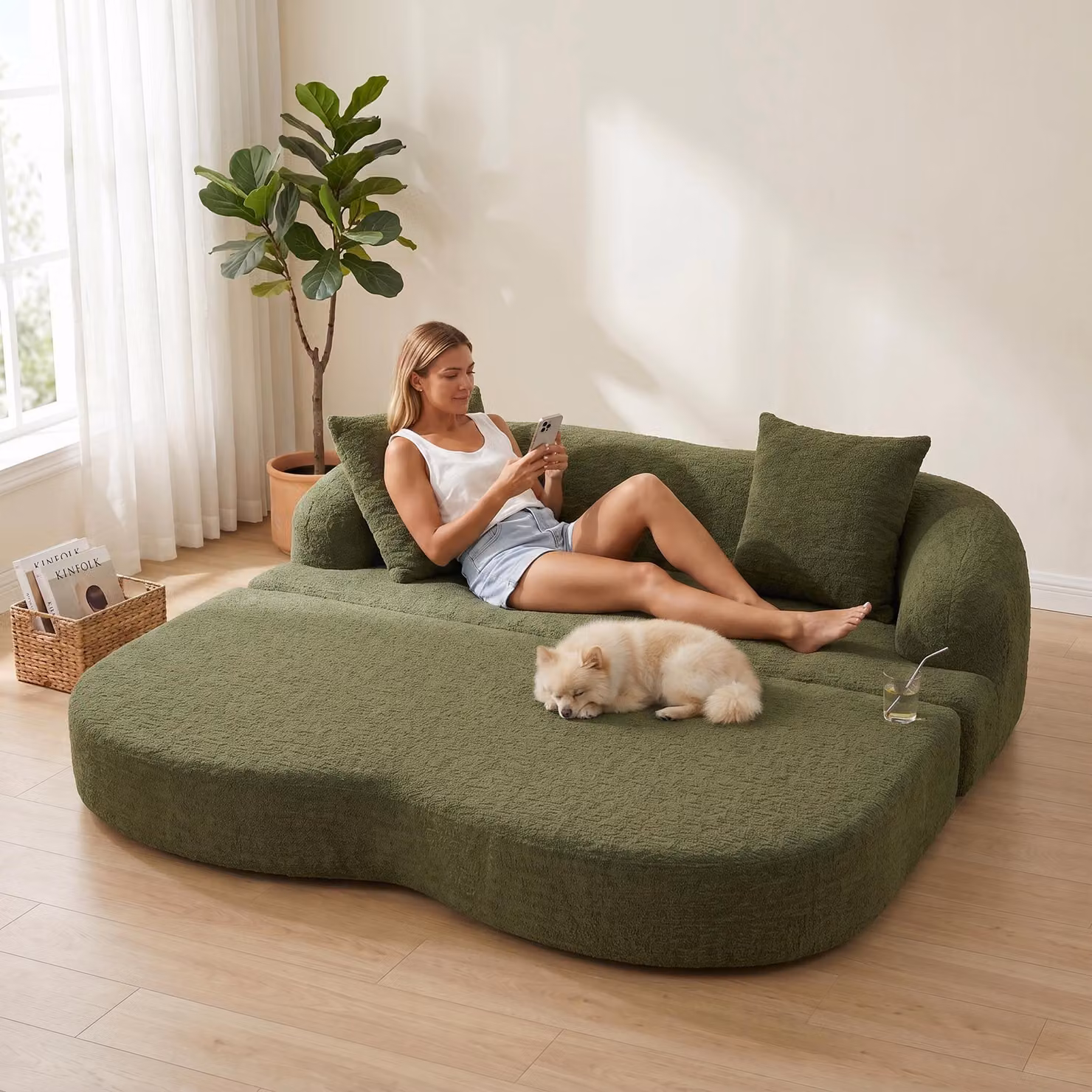 LVHOM Divano letto a 2 posti in ciniglia, divano pieghevole con funzione letto, letto pieghevole per ospiti per soggiorno in stile Japandi, verde