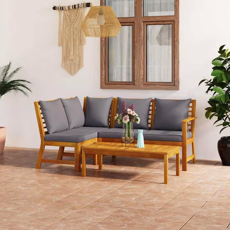 Set di Divani da Giardino vidaXL 4 pz in Legno di Acacia con Cuscini Grigi e Tavolino