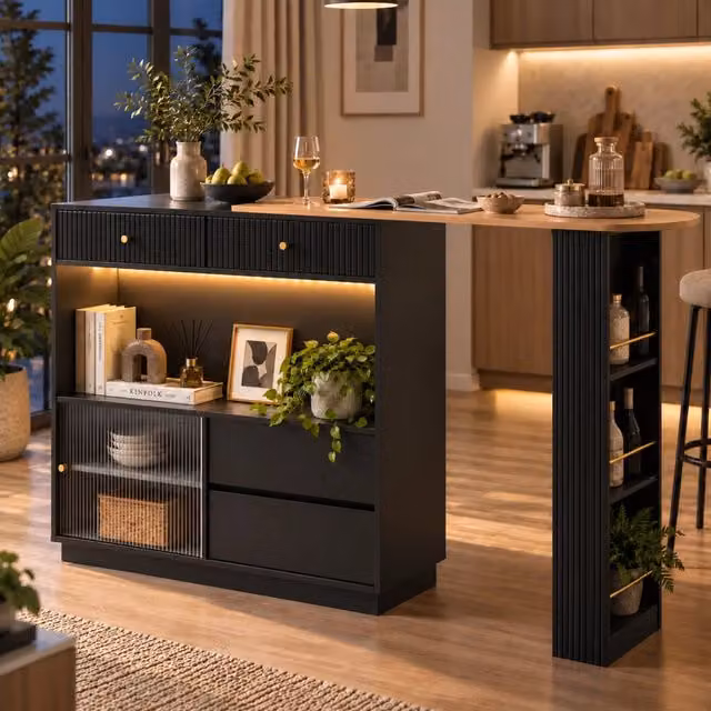 Isola cucina con bancone girevole 360°; LED RGB e vano contenitore; nera