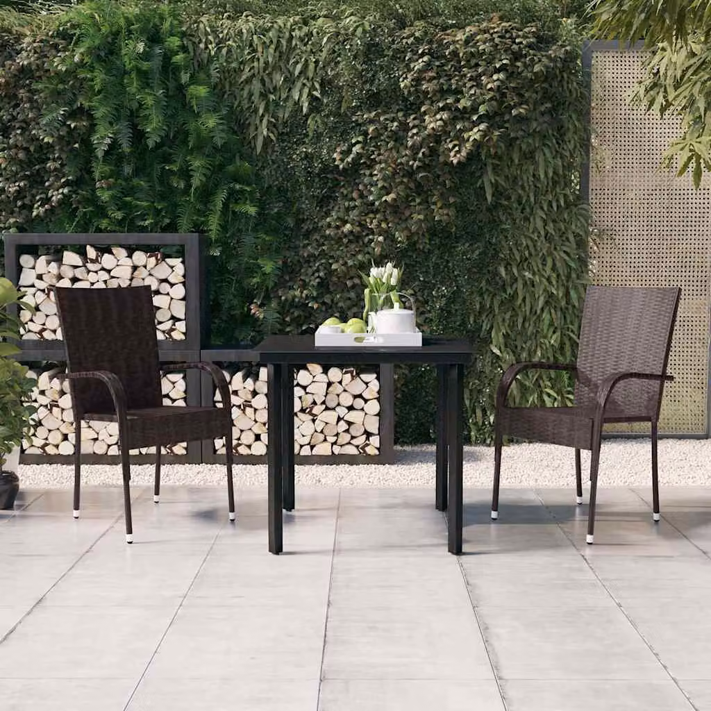 Set da pranzo per giardino moderno vidaXL in polyrattan con piano in vetro, 3 pezzi, Marrone e Nero