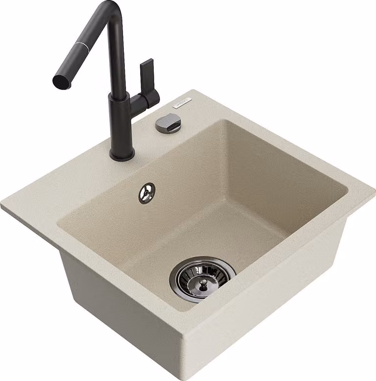 Mexen Milo lavello da cucina in granito a 1 vasca con rubinetto Flora, beige - 6505-69-670401-70-B