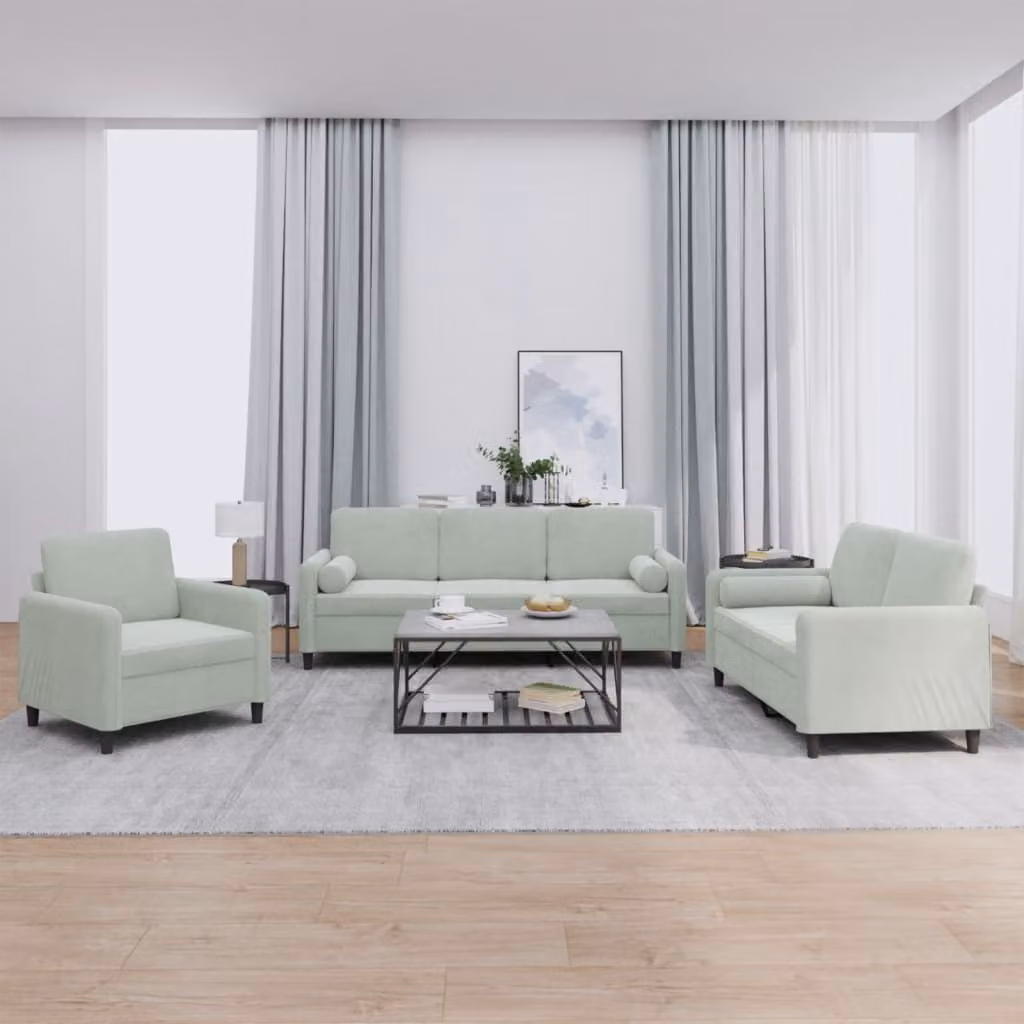 Set di divani vidaXL da 3 pezzi in velluto grigio con cuscini, design moderno per soggiorno – 1