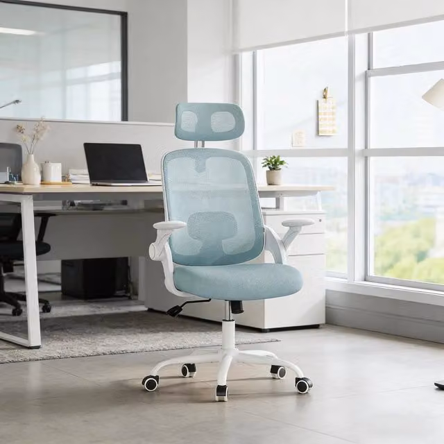 Sedia da ufficio ergonomica con schienale reclinabile supporto lombare e braccioli regolabili in rete blu