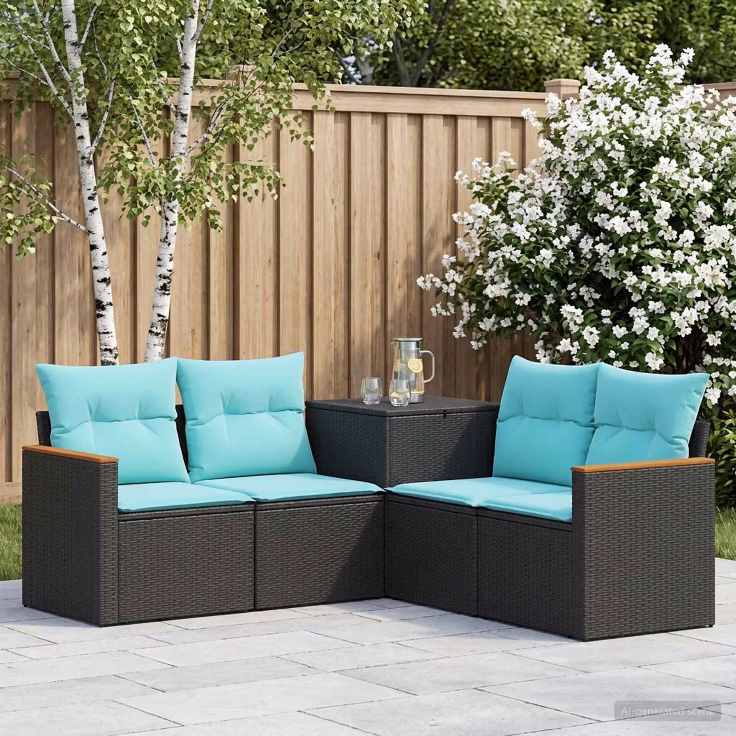 Set di divani da giardino a forma di L vidaXL in polyrattan e metallo con cuscini, nero e blu