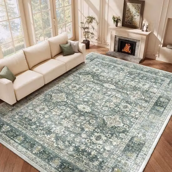 Tappeto Vintage per Soggiorno Lavabile - Tappeto Lavabile Cortopolito Superzuccante Antiscivolo Motivo Fiorale Grande Tappeto per Soggiorno Camera da Letto Cucina Verde 240 x 340 cm