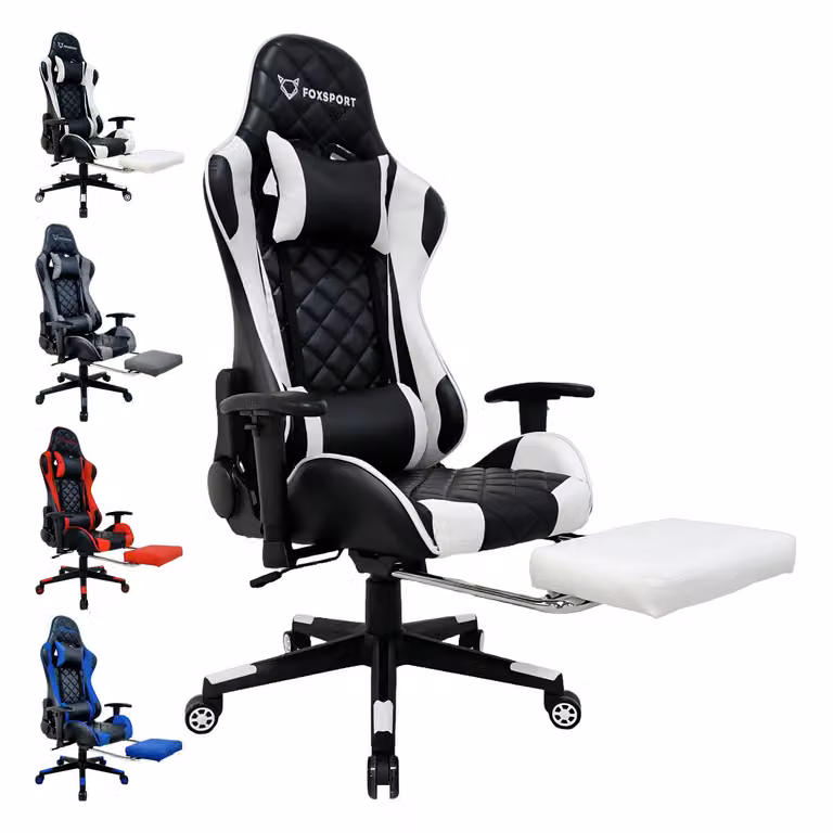 Sedia da gioco FOXSPORT Sedia da ufficio ergonomica dal design racing fino a 150 kg, con poggiapiedi retrattile, poggiatesta regolabile e supporto lombare, bianco