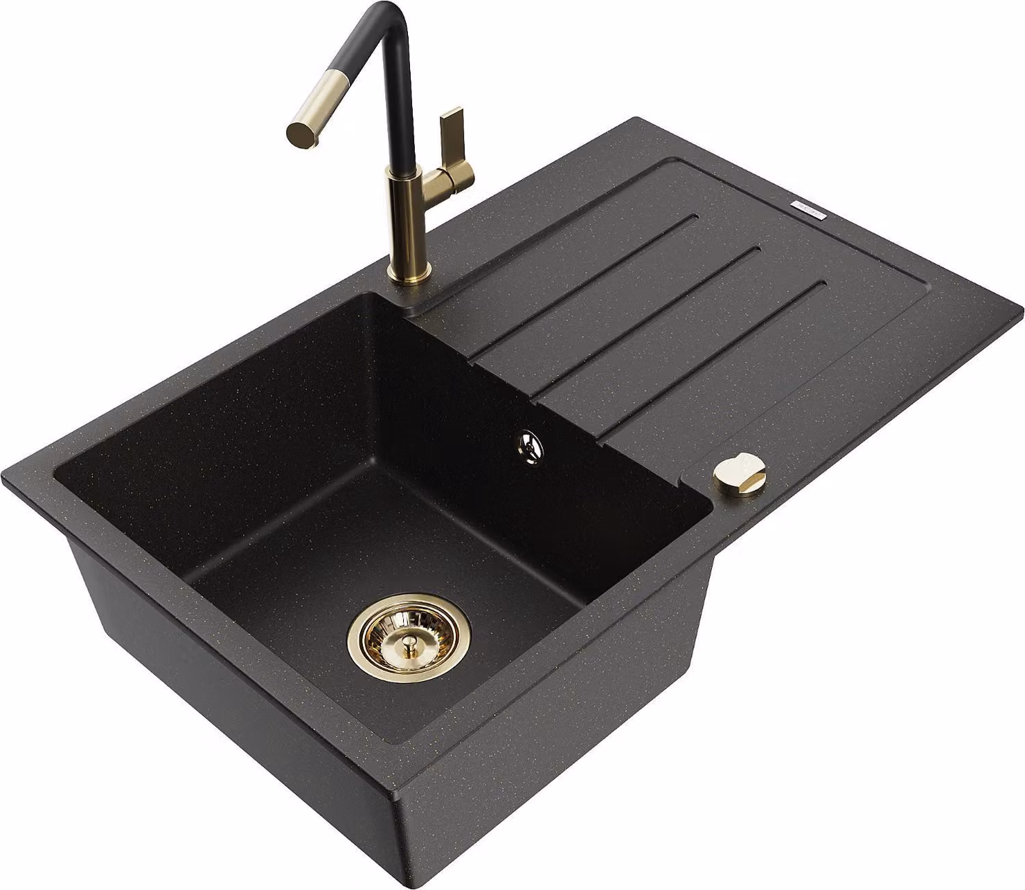 Mexen Bruno lavello in granito 1 vasca con scolapiatti e rubinetto da cucina Flora, nero/oro metallizzato - 6513-75-670401-57-G