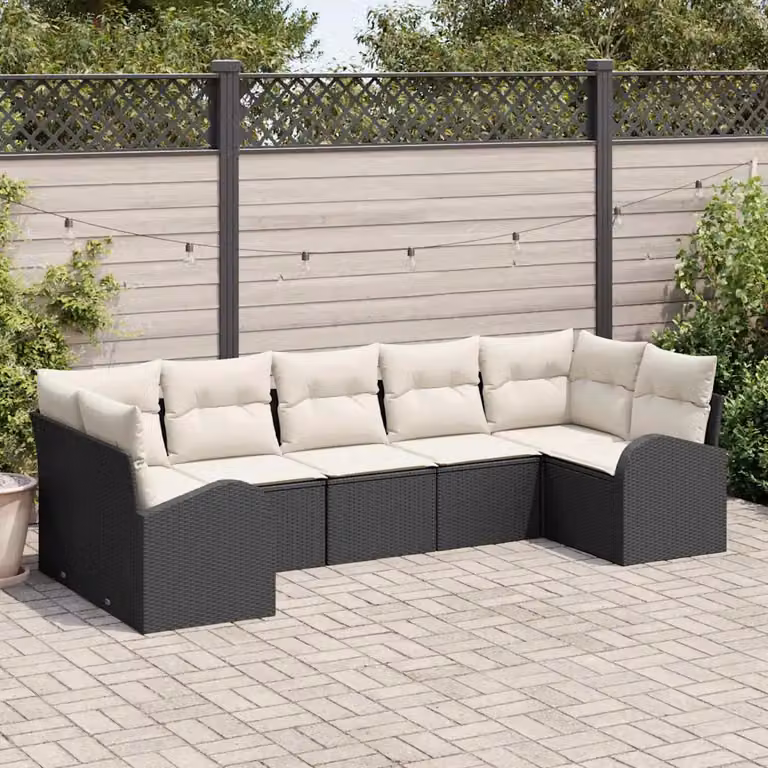 Set Divano da Giardino vidaXL 7 Pezzi Moderno in Polyrattan con Cuscini Nero e Bianco