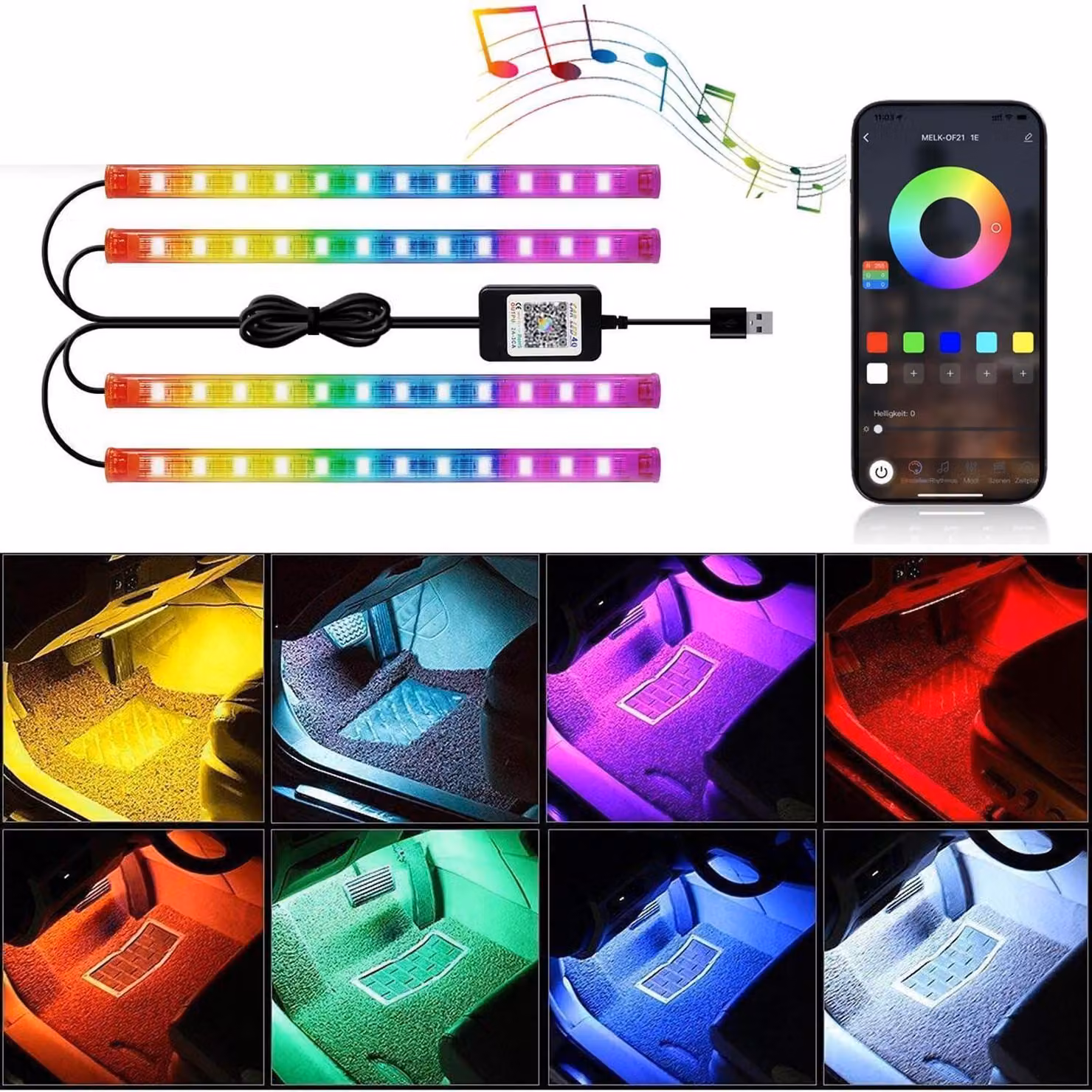 Illuminazione interna per auto a LED RGBIC, con controllo tramite app, oltre 200 modalità di colore, alimentazione a 5V USB