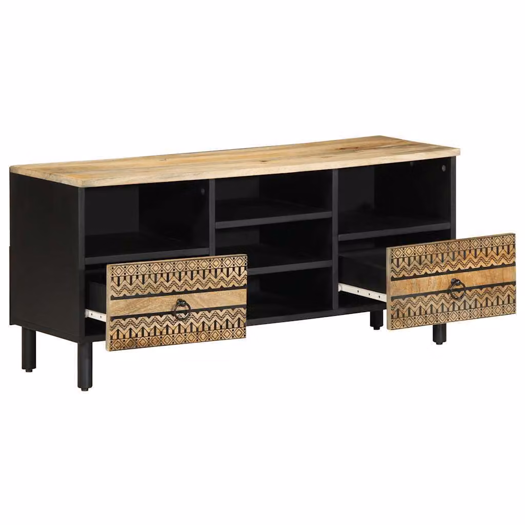 Mobile Porta TV Nero 100x33,5x46 cm Legno Massello Mango Grezzo