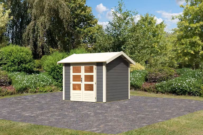 Casetta da giardino in legno Karibu "Theres 3" grigio terra 2,4 x 2,4 m (L x P) senza tetto apribile