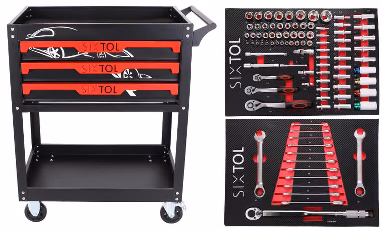 Carrello da officina con utensili, modello JASON 94, con 3 cassetti, 1 ripiano, set da 94 pezzi.
