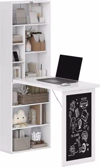 Scrivania PC Pieghevole con Libreria 9 Ripiani ¨C Minimal ¨C Legno e Metallo, Bianco, 98x51x153 cm