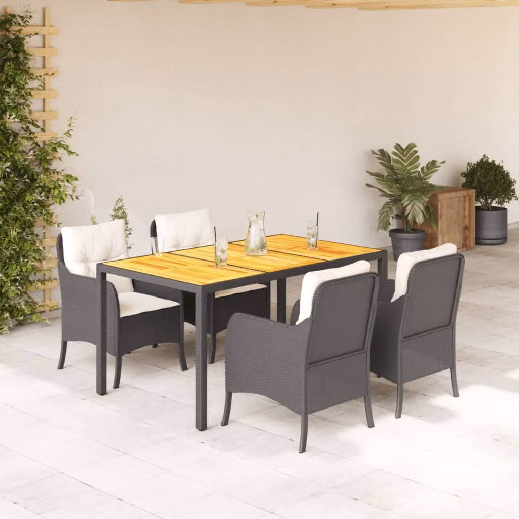The Living Store Set da pranzo da giardino 5 pezzi con cuscini in poly rattan nero
