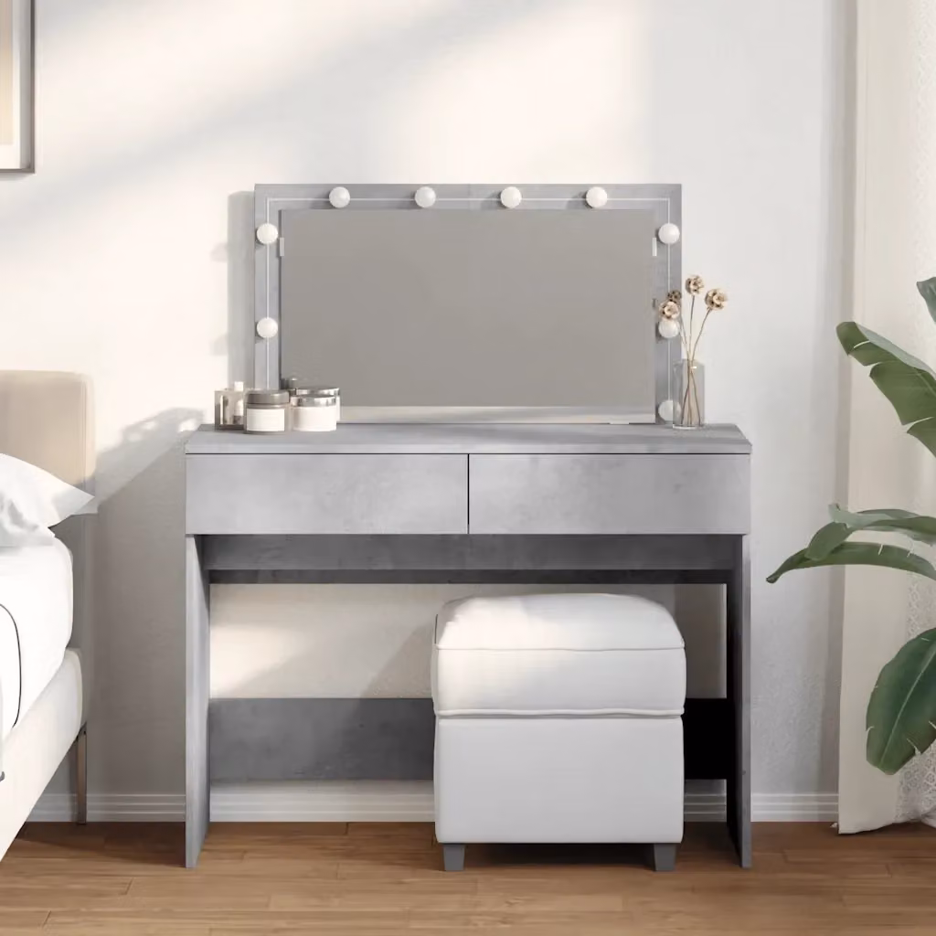 Toeletta Hollywood LED con Tavolo da Trucco Moderno Grigio Cemento L: 100 cm, P: 40 cm, H: 120 cm – 2