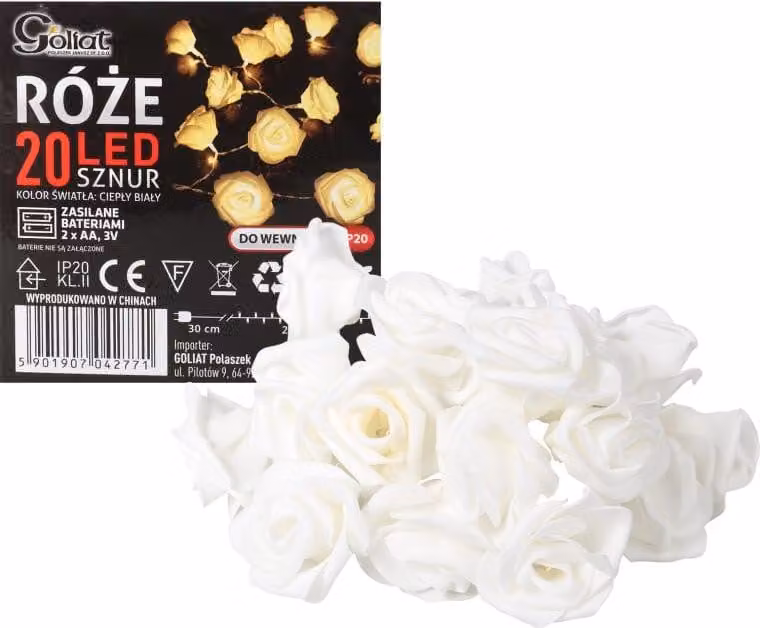 Cordone decorativo natalizio con rose a LED bianche lungo 3 m