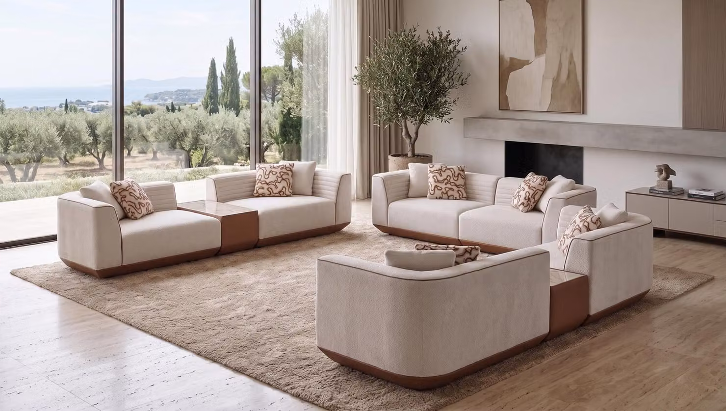 Divano elegante, color beige, ideale per il soggiorno. Divano in tessuto, mobili di pregio